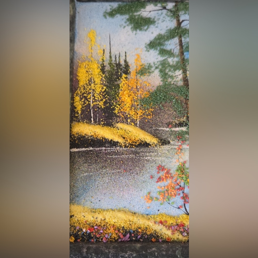 Vintage Russian Fall Scene Mineral Stone Painting in Marble Frame Art - Picture 3 of 10